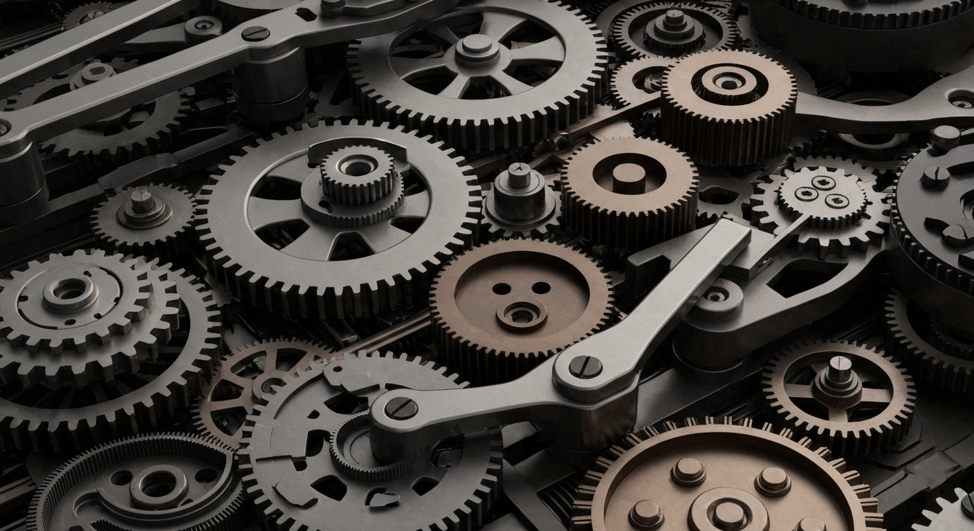 An extreme close-up of a tightly-woven network of gears, levers, and mechanical components in shades of steel grey, bronze, and black, conceptually representing the intricate financial infrastructure and institutional power of the pharmaceutical industry.