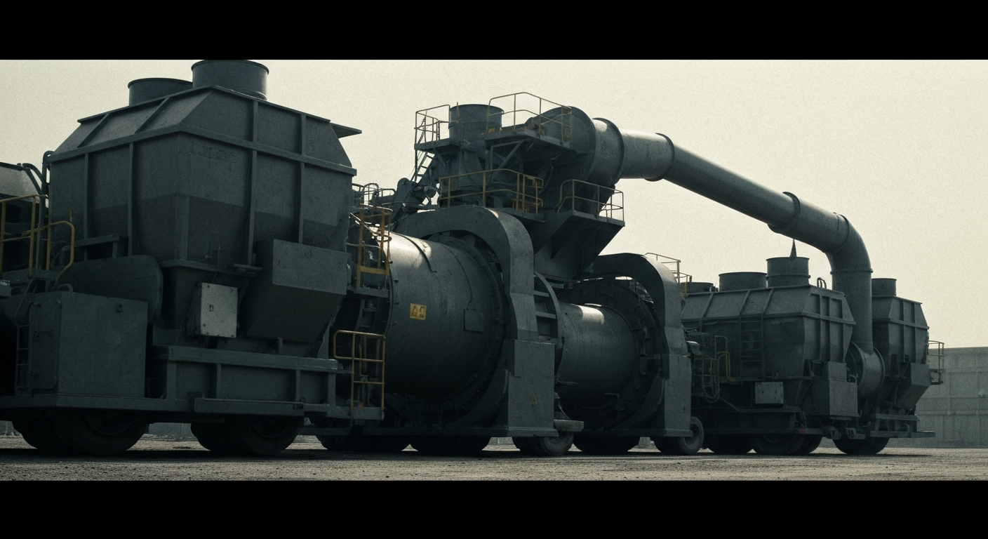 An extreme close-up of heavy, industrial waste management machinery and equipment, conveying the scale and security of the company's operations.