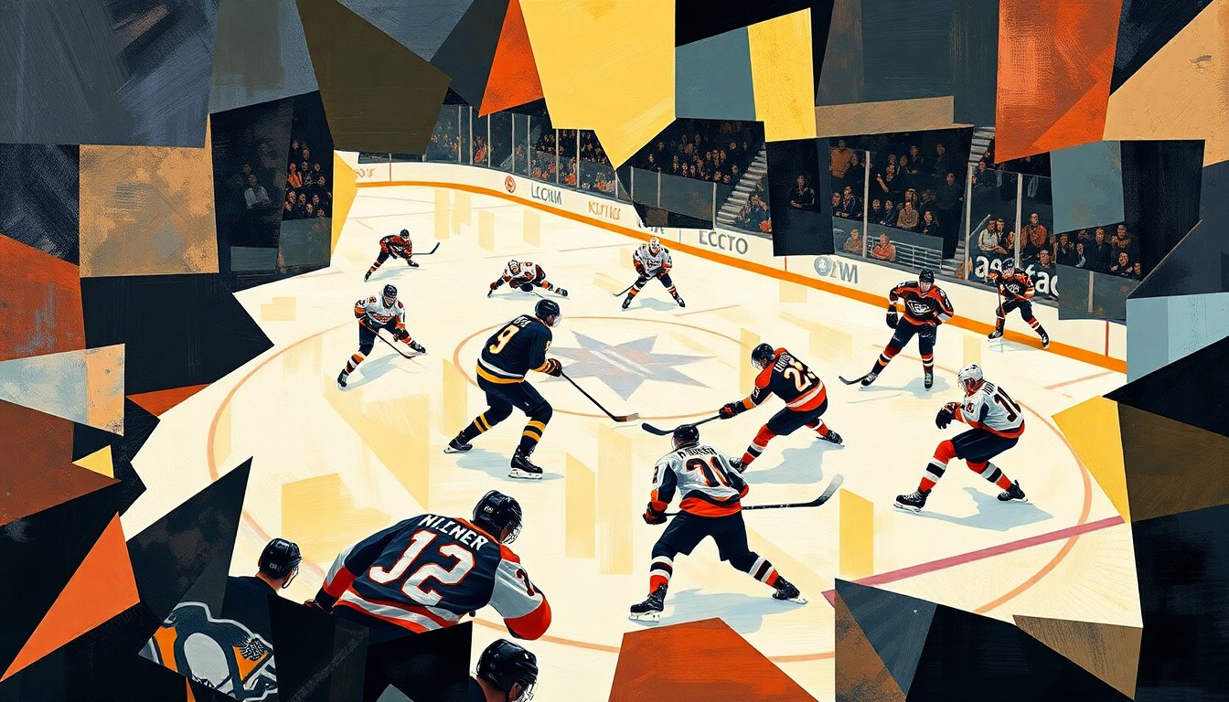 A cubist, geometric painting depicting the intense action and rivalry of a hockey game between the Pittsburgh Penguins and Philadelphia Flyers, with the players' movements and the energy of the competition expressed through fragmented, overlapping shapes and planes of color.