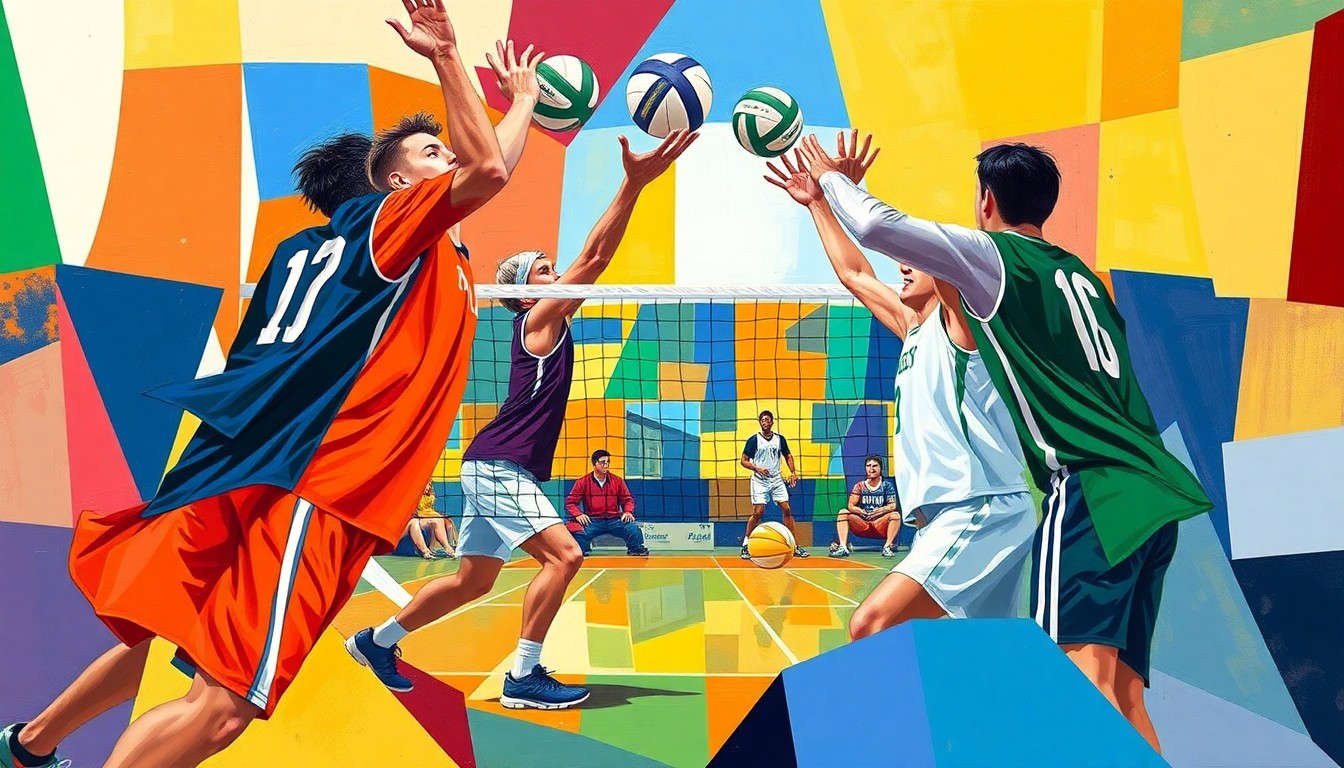 A cubist, geometric painting depicting the dynamic action of a men's volleyball match, with the players and court fragmented into overlapping planes of bright team colors.