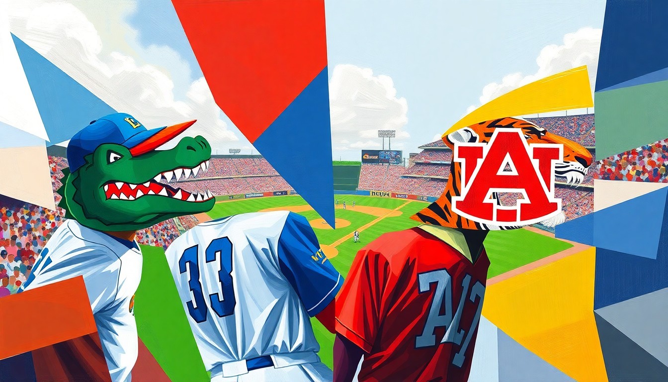 A fragmented, geometric painting depicting the dynamic motion and competition of a college baseball game, with the bright colors of the Florida and Auburn uniforms creating a visually striking composition.
