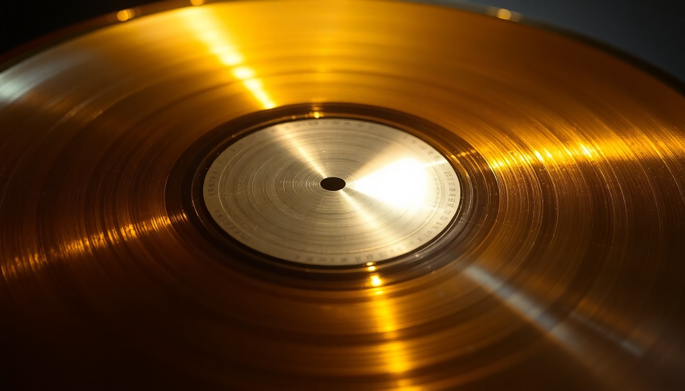 An abstract, high-contrast close-up photograph of a shiny, metallic gold record album cover reflecting a bright, dramatic studio spotlight, creating a high-fashion, glamorous aesthetic without any visible text or identifiable objects.