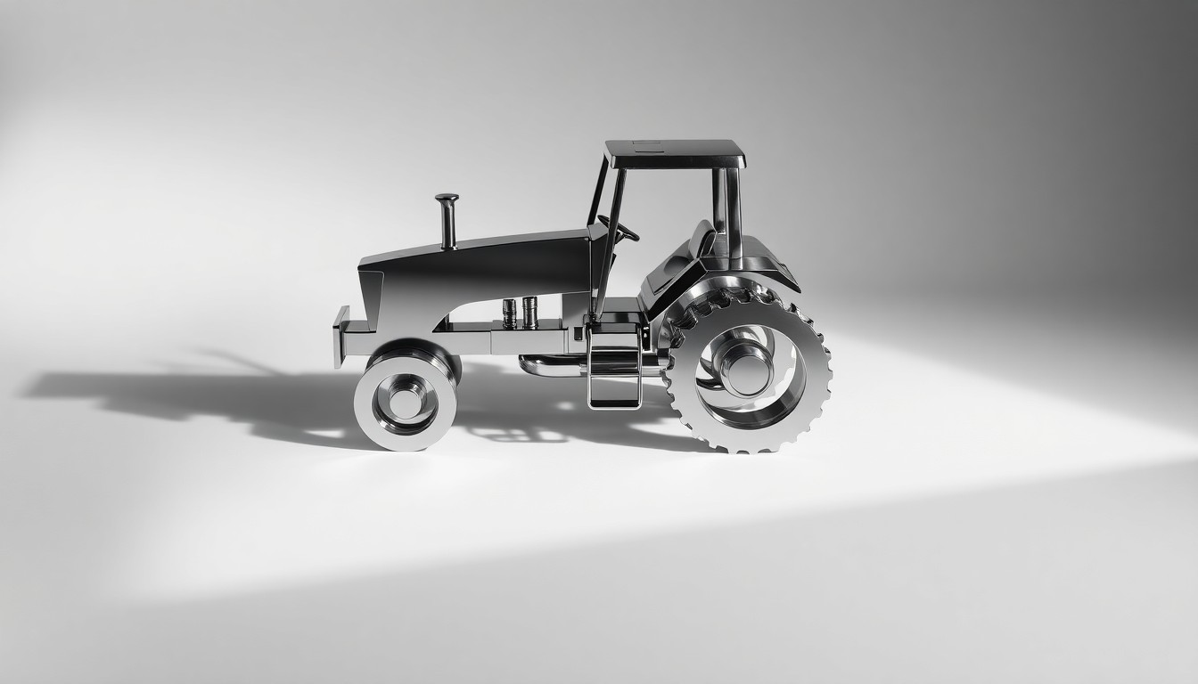 A photorealistic studio still-life image featuring a polished, geometric metal sculpture in the shape of a tractor, placed on a clean, monochromatic background and dramatically lit to conceptually represent the precision and power of Deere's industrial equipment.