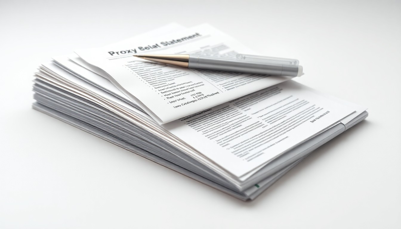 A high-end, photorealistic studio still-life featuring a stack of neatly organized financial documents and a polished metal pen on a clean, white background, symbolizing the careful review and voting process of a corporate proxy statement.