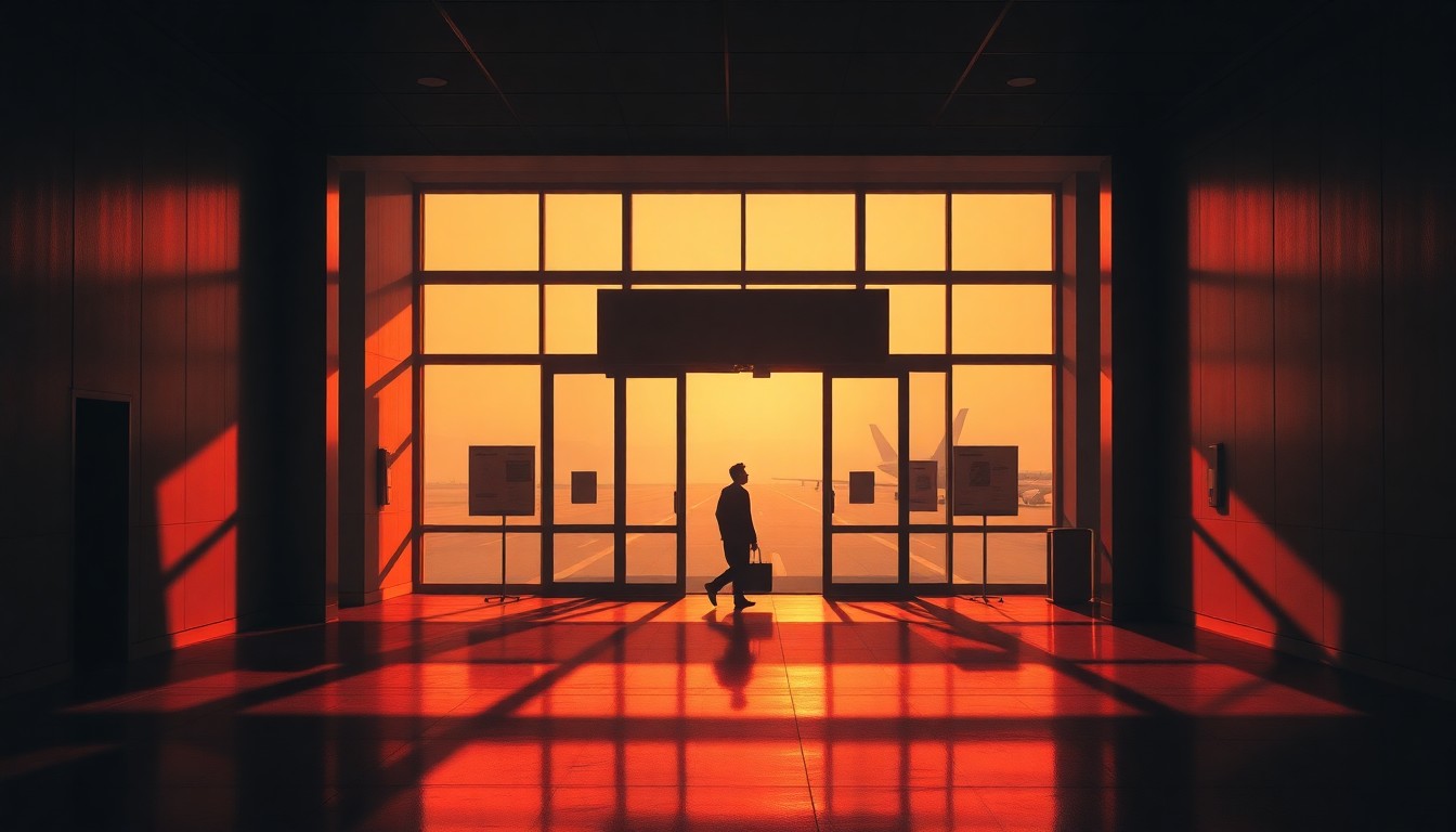A serene, cinematic painting of an airport terminal entrance, with warm sunlight and deep shadows casting a contemplative mood, as a lone traveler passes through the doorway, symbolizing the tense political climate between the U.S. and China.