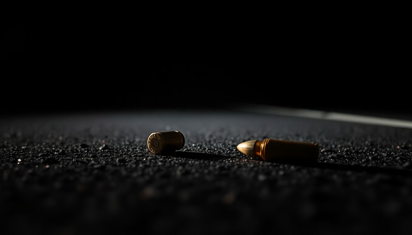 An extreme close-up photograph of a single bullet casing on the asphalt, the metal surface reflecting a faint glint under harsh lighting, conceptually representing the investigation into a violent highway incident.