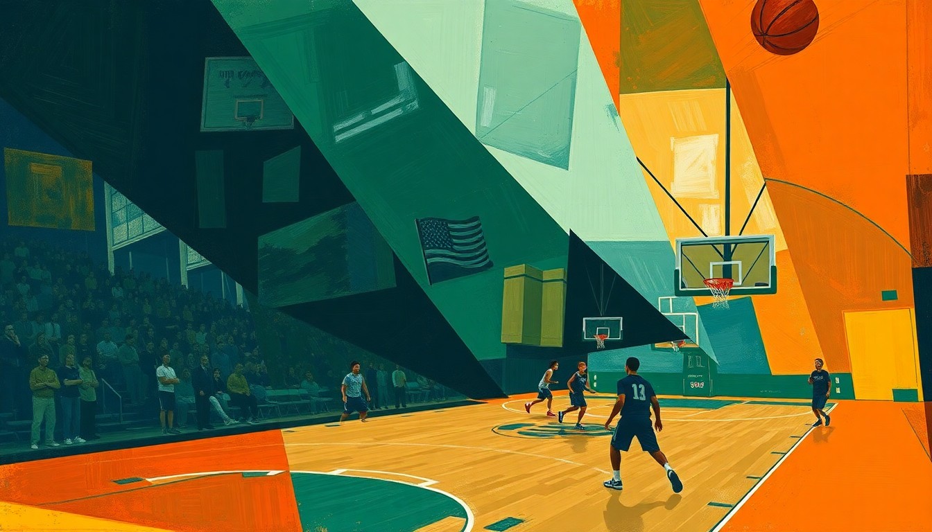 A cubist-style painting depicting a high school basketball game broken down into overlapping geometric shapes and planes in a palette of navy, green, and orange, conveying the dynamic energy and strategic complexity of the sport.