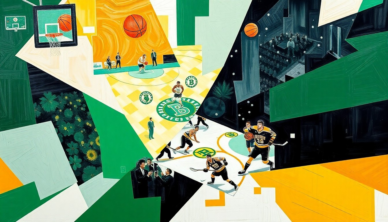 A fractured, cubist-style painting depicting the action of a basketball game and a hockey game simultaneously, with the players and equipment blending together in a geometric abstract composition using the team colors of the Celtics and Bruins.