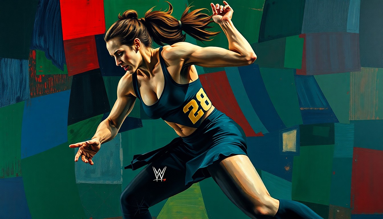 A cubist-style painting depicting the fragmented, geometric forms of a female wrestler in motion, using a palette of deep blues, greens, and reds to convey the dynamic energy of the sport.
