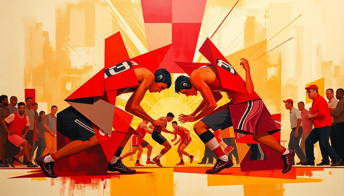 A cubist, geometric painting depicting a wrestling match or competition, with sharp, overlapping planes of red and gold representing the Iowa State Cyclones colors.