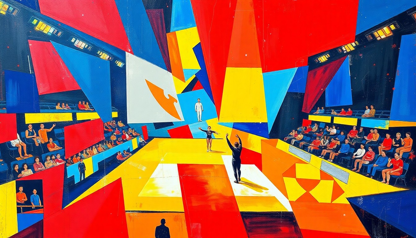 A fractured, cubist-style painting depicting a gymnastics competition, with sharp, overlapping geometric shapes in vibrant primary colors representing the dynamic movements and energy of the sport.
