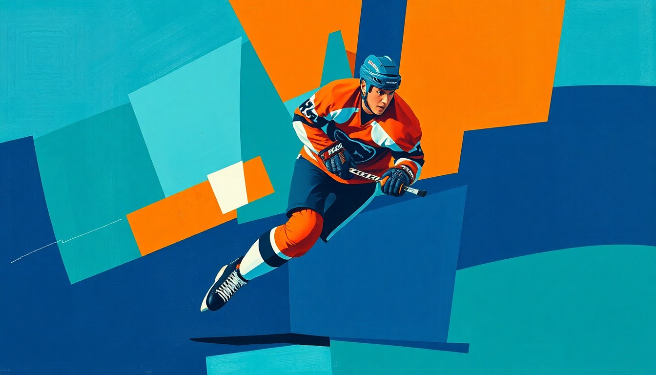 A cubist-style painting depicting a hockey player in motion, with their body broken down into sharp, overlapping geometric shapes in teal, orange, and navy blue, conveying the dynamic energy and skill of the player.