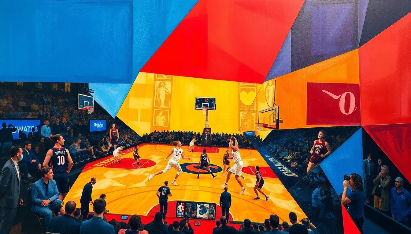 A fragmented, geometric painting in bold colors depicting the action and dynamism of a WNBA basketball game, with players and the court deconstructed into sharp, overlapping planes.