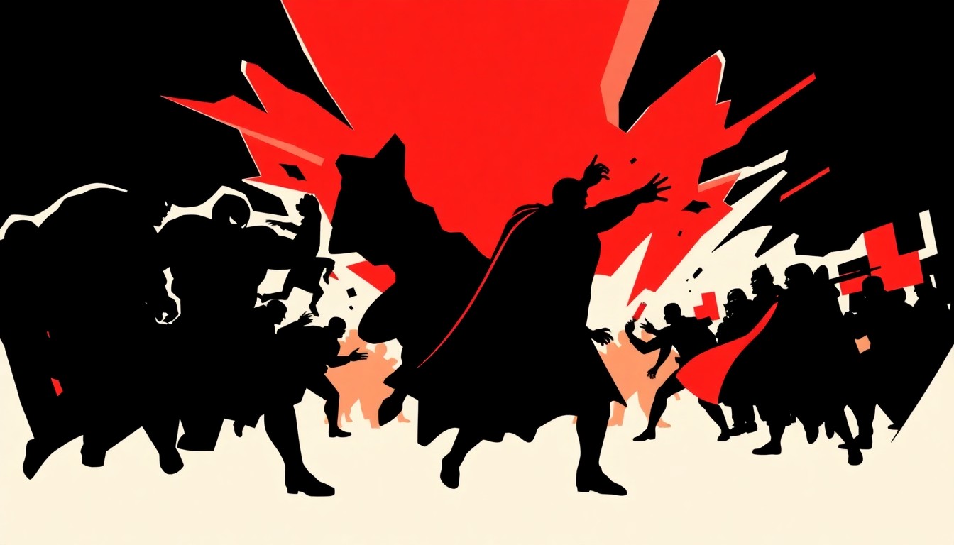 A dynamic, abstract illustration featuring bold, jagged shapes and silhouettes in high-contrast red and black, capturing the energy and chaos of a superhero battle at a comic convention.