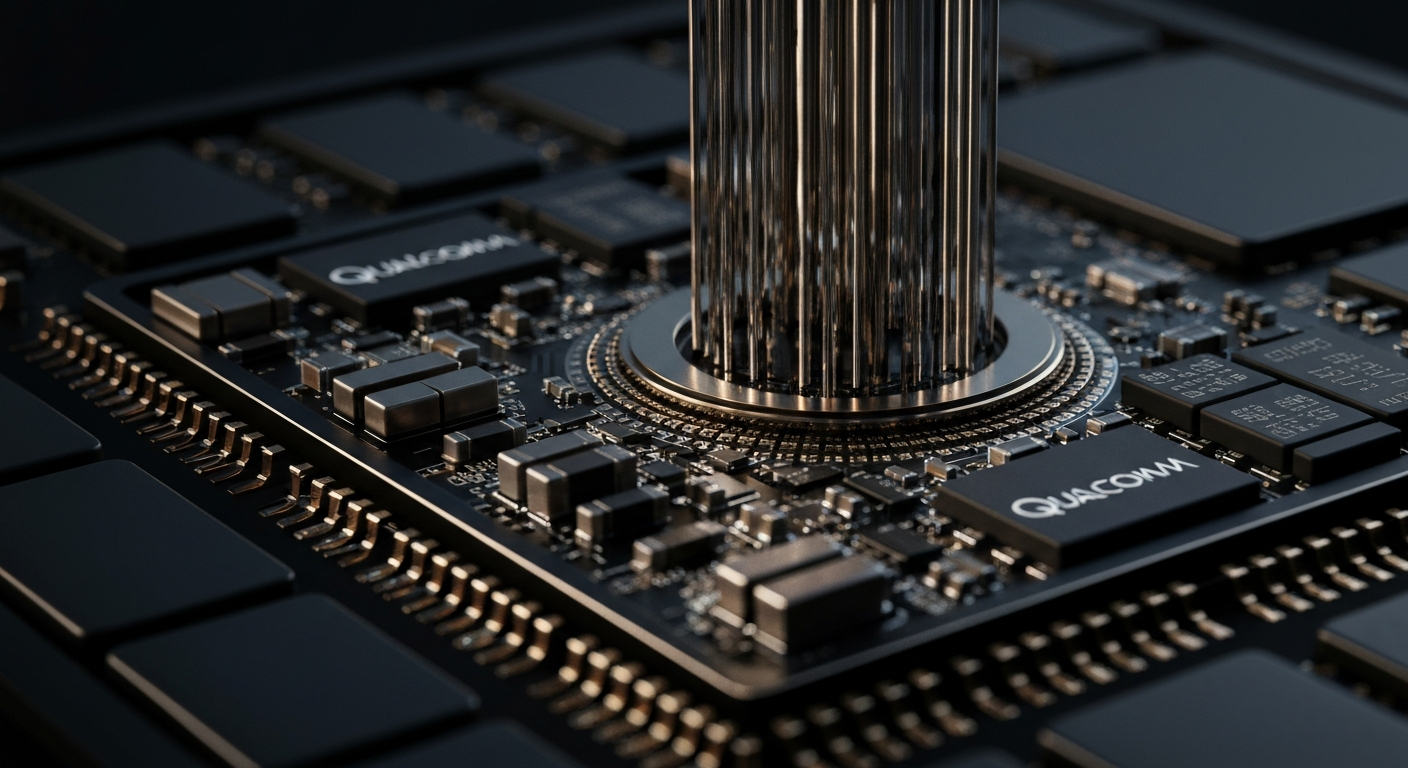 A highly detailed, cinematic macro photograph of the inner circuitry and mechanical components of a Qualcomm semiconductor chip, dramatically lit against a dark background to convey the technical sophistication of the company's wireless technology.