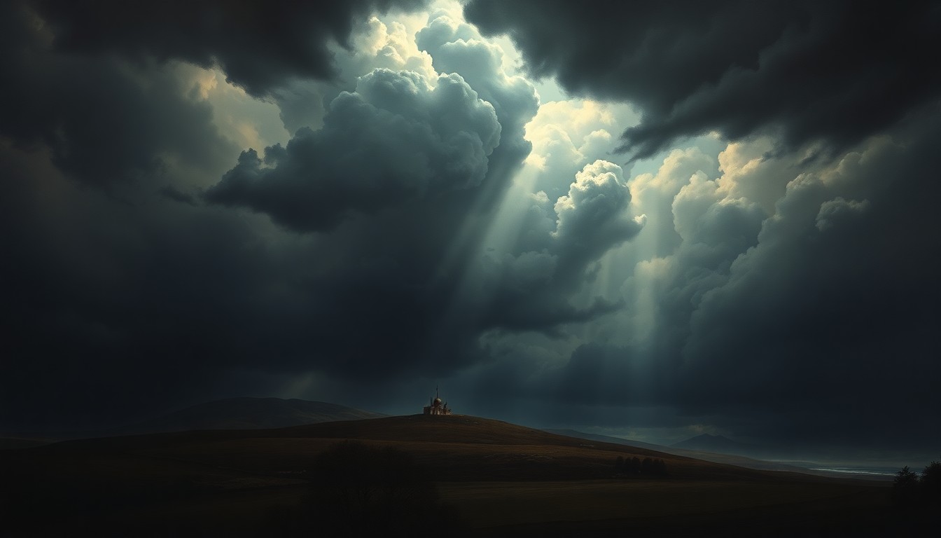 A vast, atmospheric landscape painting depicting a small boat on the Chesapeake Bay, dwarfed by the scale of the approaching storm clouds and dramatic lighting.