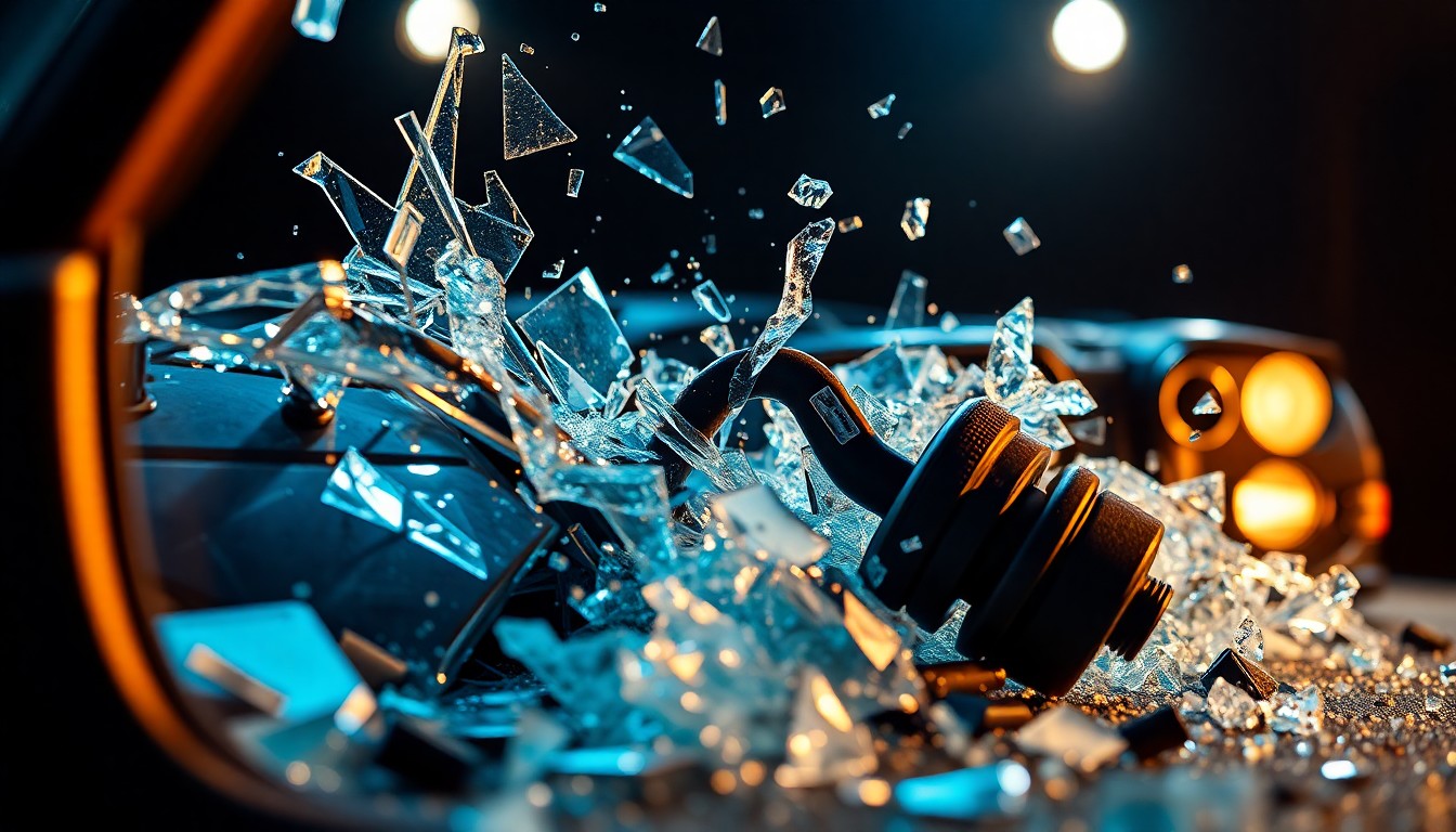 An abstract close-up photograph of jagged, reflective shards of glass and twisted metal fragments, capturing the aftermath of a vehicular accident in a high-contrast, high-glamour studio lighting setup.