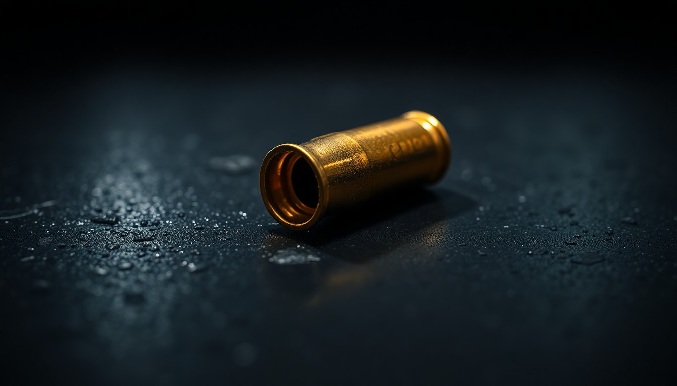 An extreme close-up photograph of a spent bullet casing on a dark, textured surface, conceptually illustrating the aftermath of a shooting incident.
