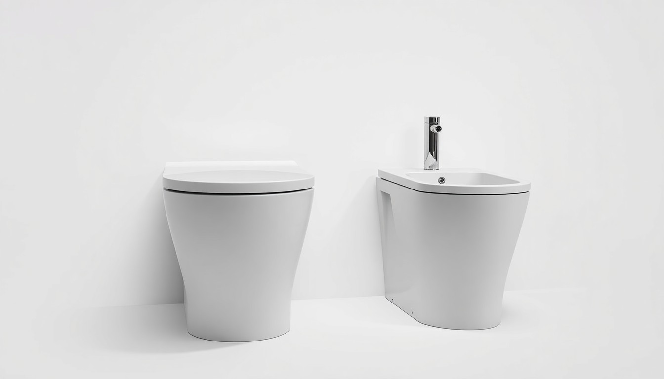 A high-end, photorealistic studio still-life photograph featuring a sleek, modern DeerValley smart toilet and bidet set arranged elegantly on a clean, white background, conceptually representing the brand's focus on practical innovation and human-first design.
