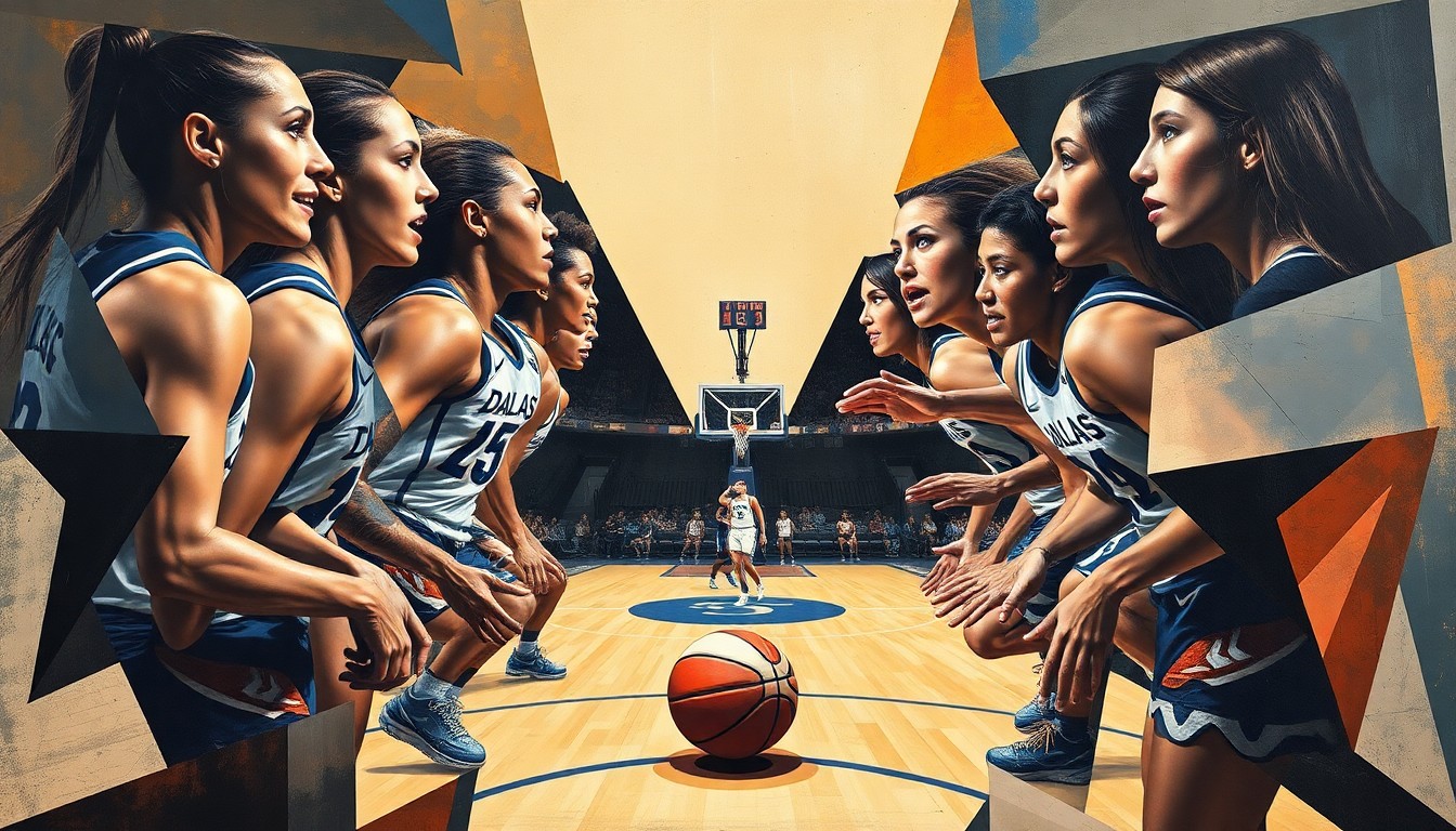 A fragmented, cubist-style painting depicting a WNBA basketball game, with the players' bodies and the court broken down into sharp, overlapping geometric shapes and planes, conveying the tension between the players' personal lives and the public's interest in them.