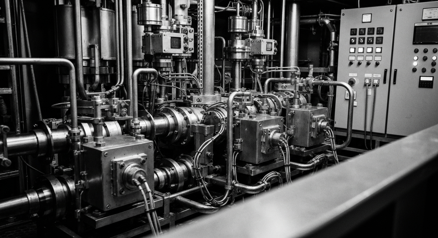 A high-contrast, close-up image of the intricate mechanical components and control panels of a small modular nuclear reactor, representing the complex technical infrastructure and institutional challenges involved in nuclear energy development.