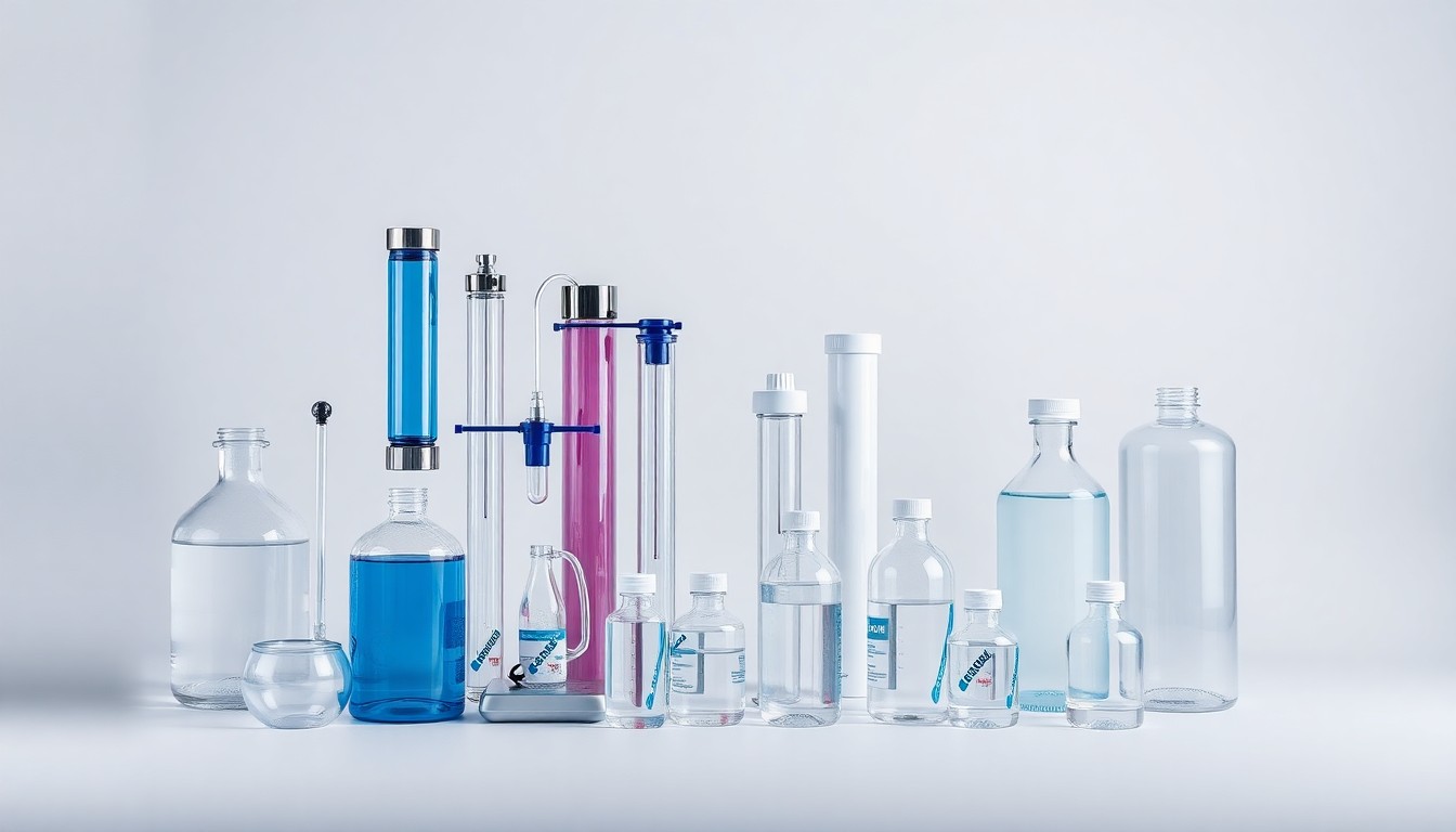 A high-end, photorealistic studio still-life photograph featuring a collection of Repligen's chromatography columns, filtration devices, and analytical solutions arranged elegantly on a clean, monochromatic background, conceptually representing the company's innovative bioprocessing capabilities.