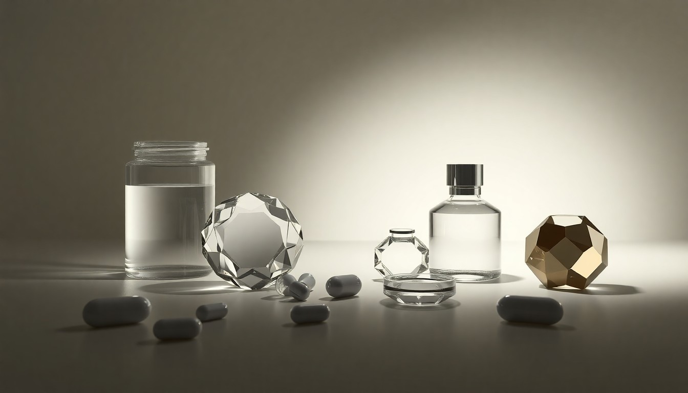 A high-end, photorealistic studio still-life featuring a collection of polished, geometric objects in shades of silver, grey, and black, conceptually representing the pharmaceutical industry and neurodegenerative disease research.