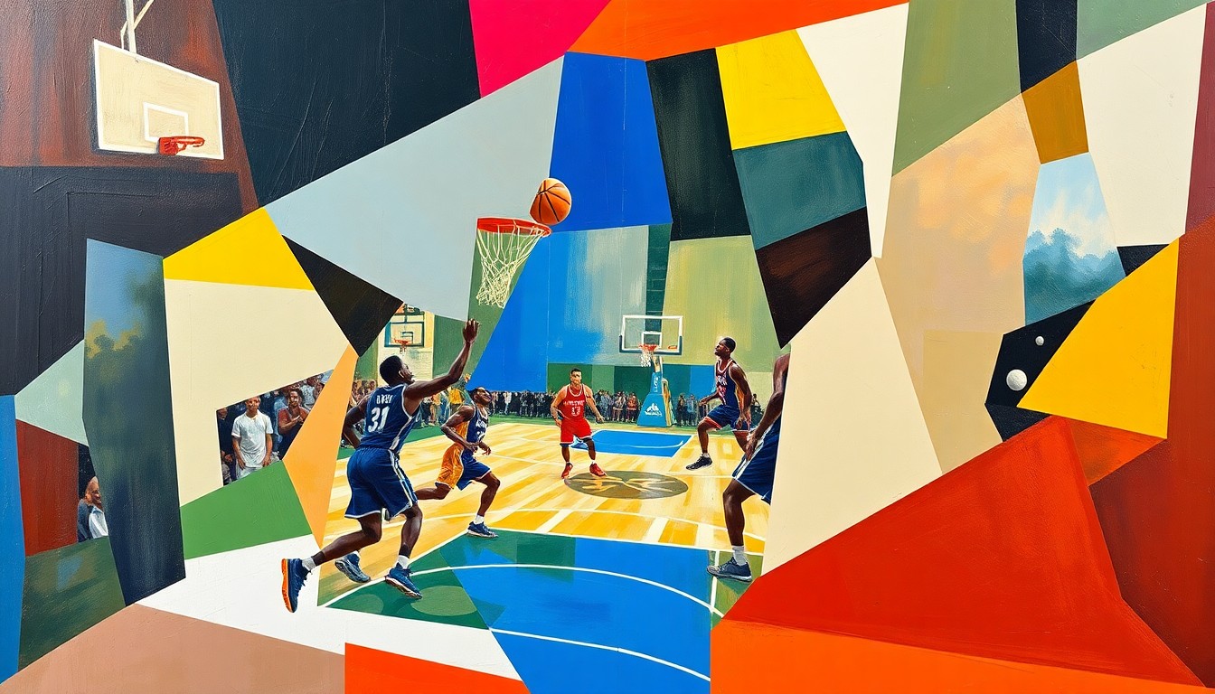 A cubist, geometric painting depicting the fragmented forms of basketball players in motion, with sharp, overlapping planes of color and shape representing the dynamic energy of the sport.