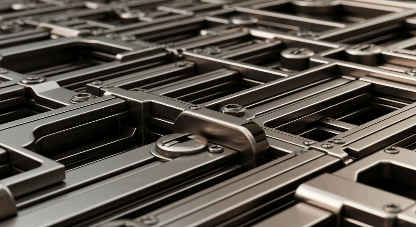 An extreme close-up of a highly detailed, industrial-looking machine with gears, levers, and metallic components, representing the secure and powerful technology that enables financial institutions to operate.