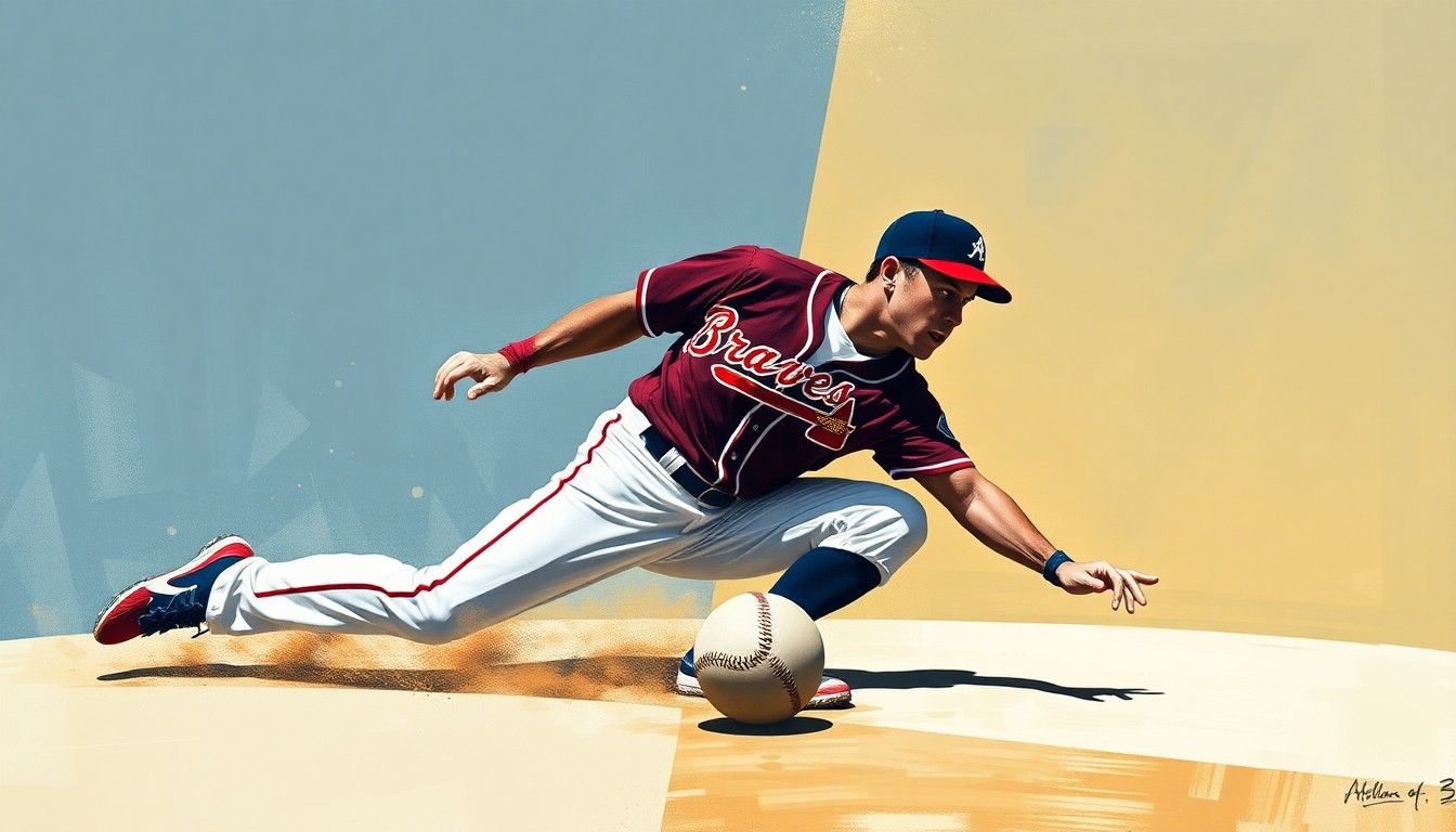 A fragmented, geometric painting depicting a baseball player sliding into a base, the figure broken down into sharp, overlapping planes of navy blue, red, and white, capturing the dynamic motion of the game.