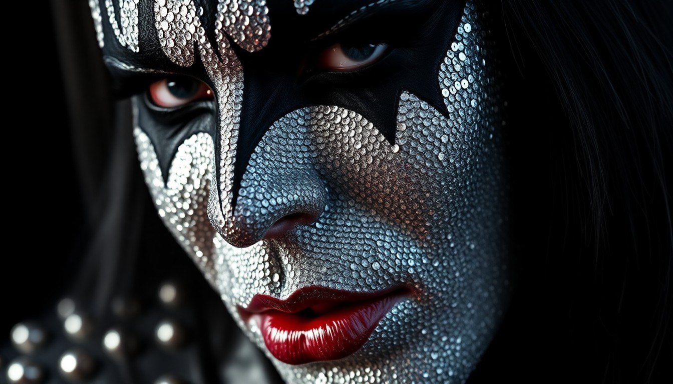 An extreme close-up photograph showcasing the luxurious textures of KISS-inspired makeup, costume elements, and stage props, such as glittering sequins, metallic face paint, and studded leather, captured in dramatic high-contrast studio lighting to create a high-fashion, glamorous aesthetic.