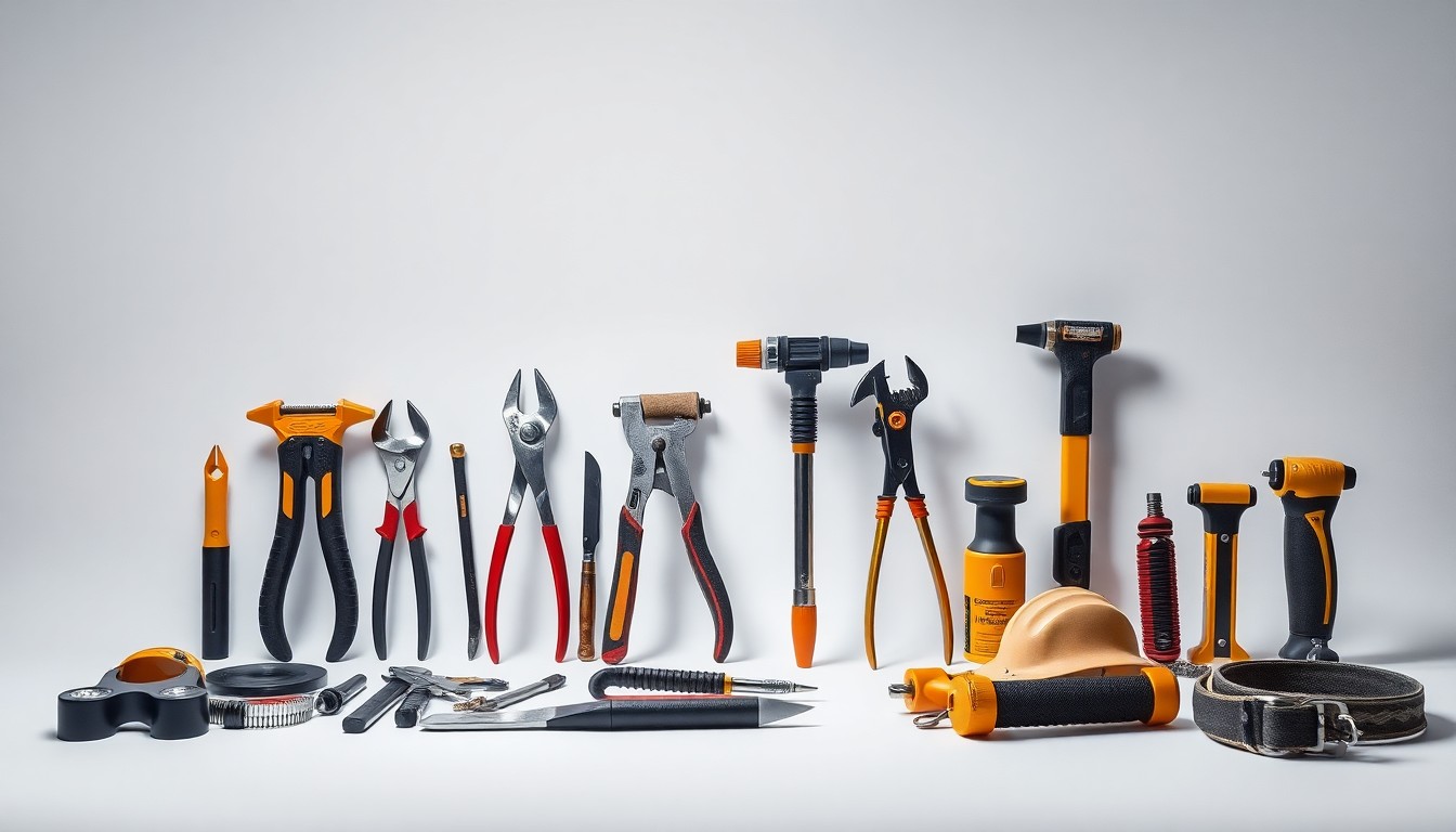 A high-end studio photograph featuring a collection of shiny, metallic tools and equipment used by electric utility lineworkers, including climbing spikes, safety harnesses, and specialized wrenches, arranged elegantly on a clean white background and dramatically lit to convey the importance and danger of this profession.