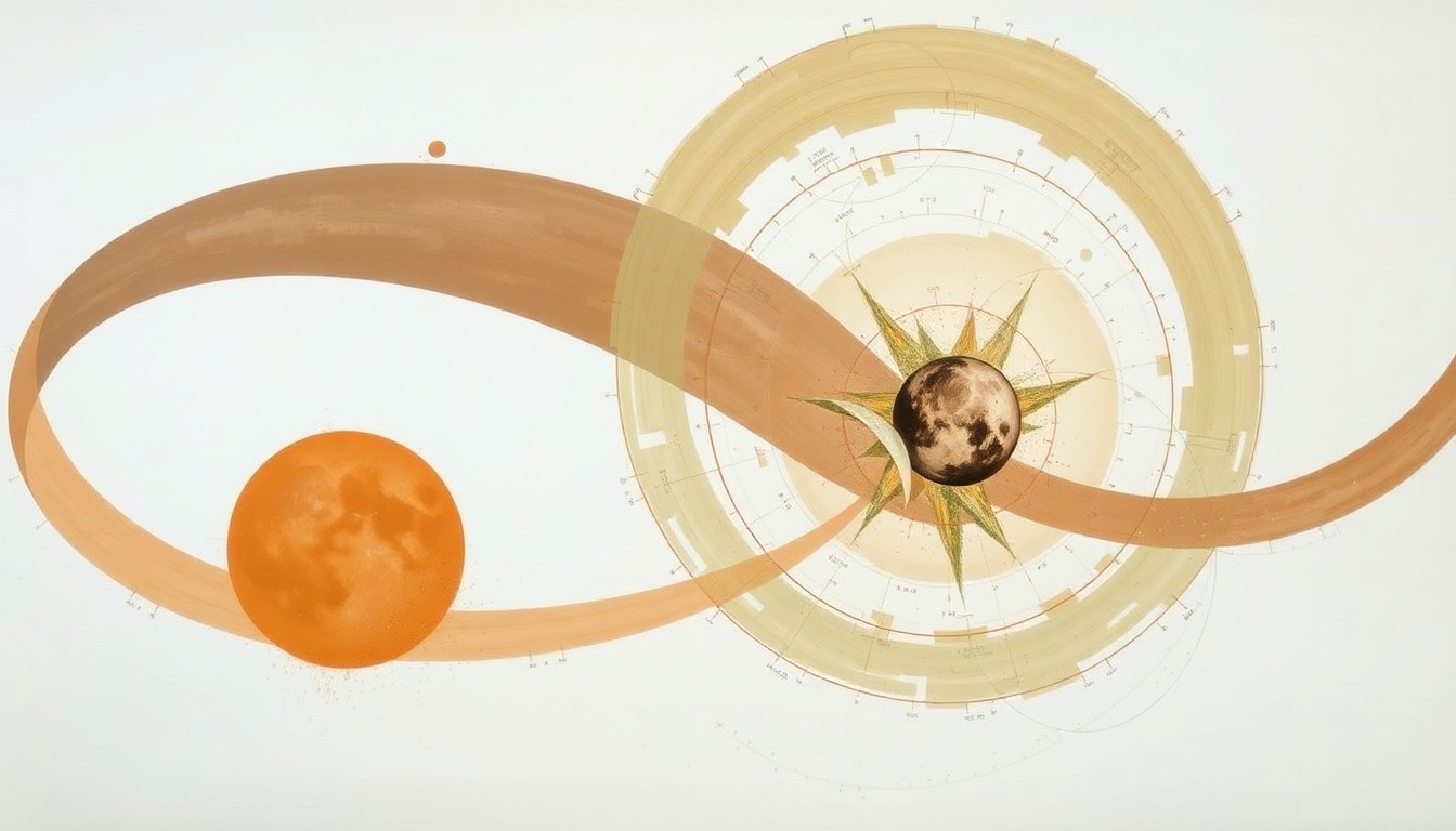 A bold, abstract painting in muted earth tones depicting sweeping geometric arcs, concentric circles, and precise botanical spirals, representing the complex scientific forces and concepts behind NASA's Artemis program to return to the moon.