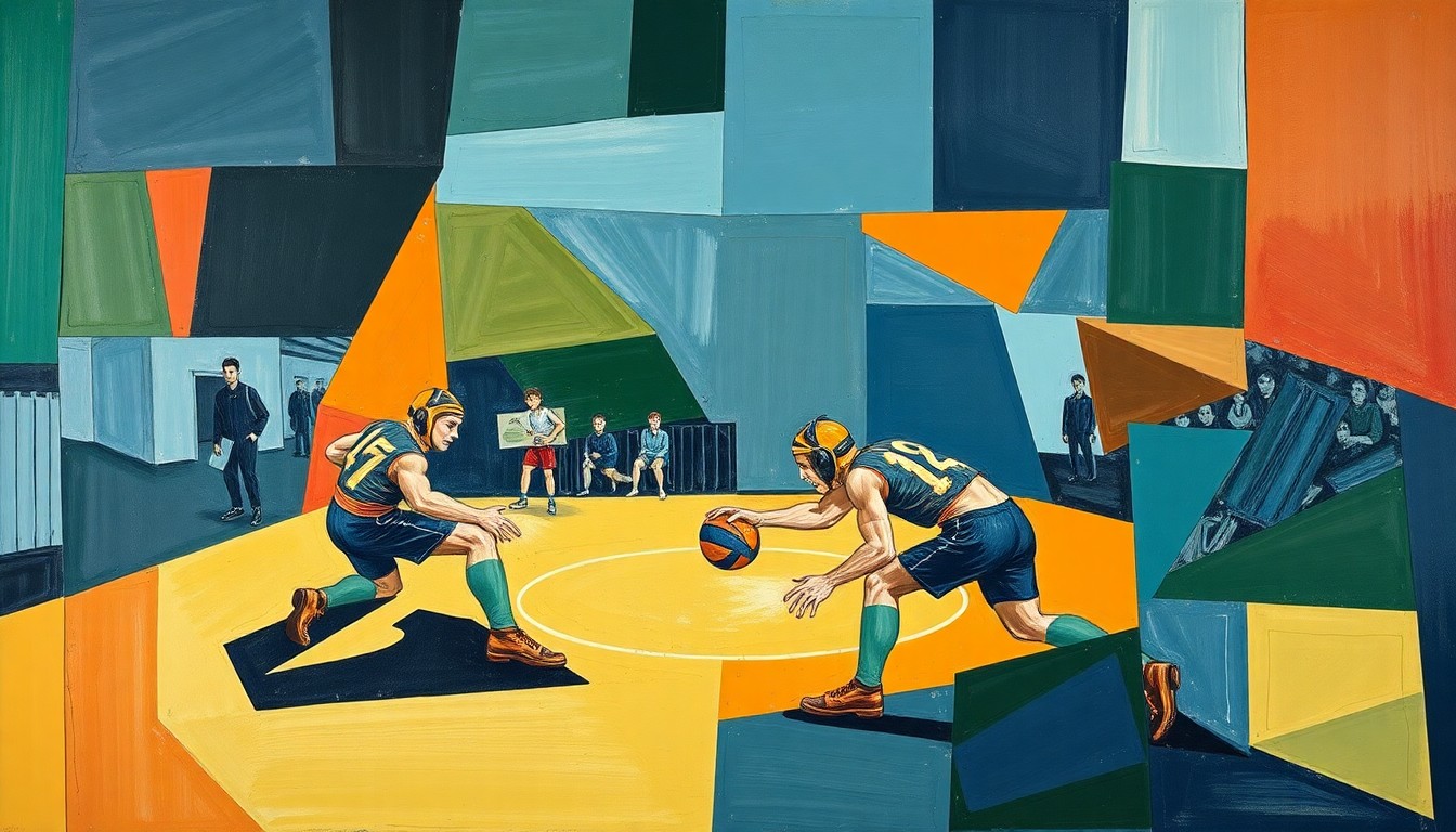 A cubist, geometric painting depicting a high school wrestling match, with the figures and action broken down into sharp, overlapping planes of color, conveying the complex challenges facing the school's decision to cut the program.