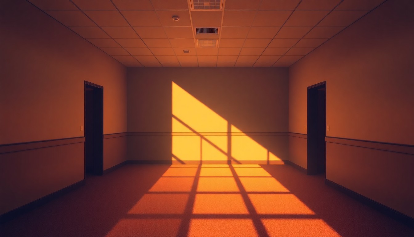 A dimly lit, cinematic government office space with a lone desk and chair, the scene bathed in warm, diagonal sunlight and deep shadows, conceptually representing the quiet contemplation around the role of transparency in local politics.