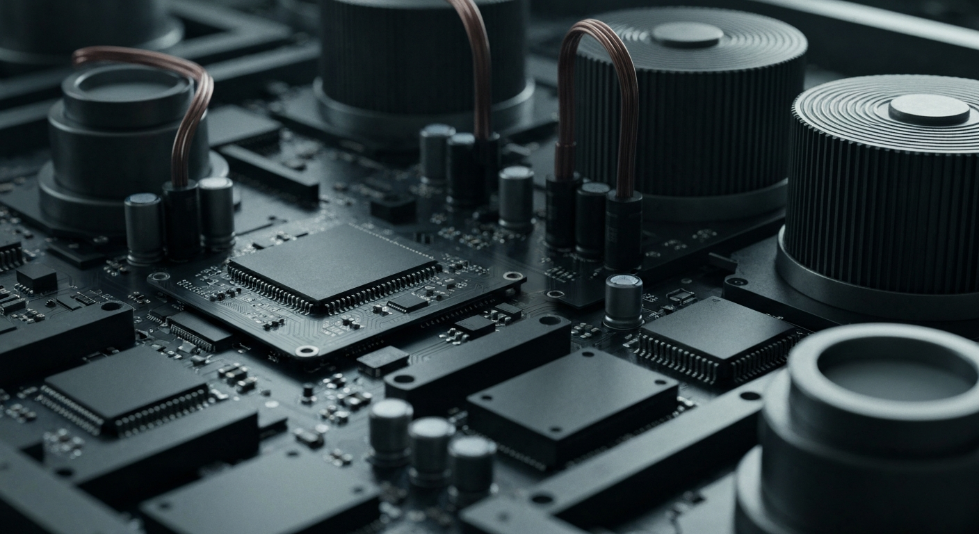 An extreme close-up of various quantum computing hardware components, including circuit boards, superconducting wires, and cryogenic cooling systems, captured in a dramatic, cinematic style with heavy textures and dramatic lighting, conveying the complex, physical nature of this emerging technology.