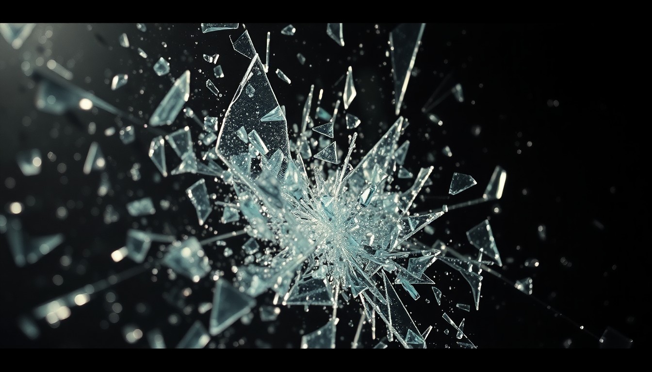 An abstract close-up photograph of shattered glass and glittering shards, using dramatic studio lighting to create a high-fashion, glamorous aesthetic that conceptually represents the dark criminal underbelly at the heart of the action thriller film 'Normal'.