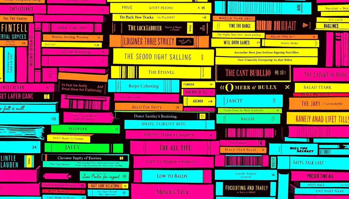 A vibrant, high-contrast silkscreen print featuring a repeated grid of colorful, abstracted book spines in various genres, capturing the energy and variety of the AAUW Midland Branch's used book sale.