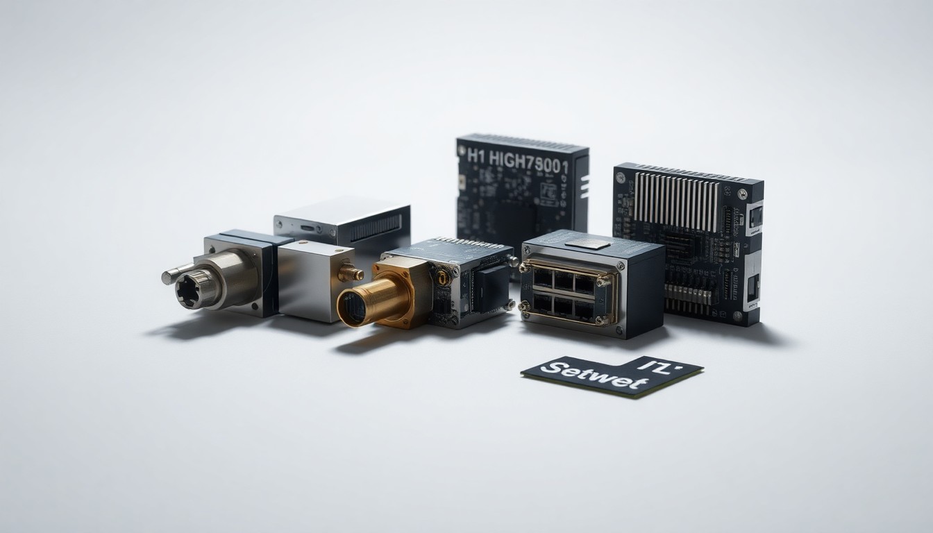 A photorealistic studio still life featuring a group of precision optical components and circuit boards in polished metallic and glass materials, arranged elegantly on a clean, monochromatic background and dramatically lit to showcase the advanced technology behind high-speed networking equipment.