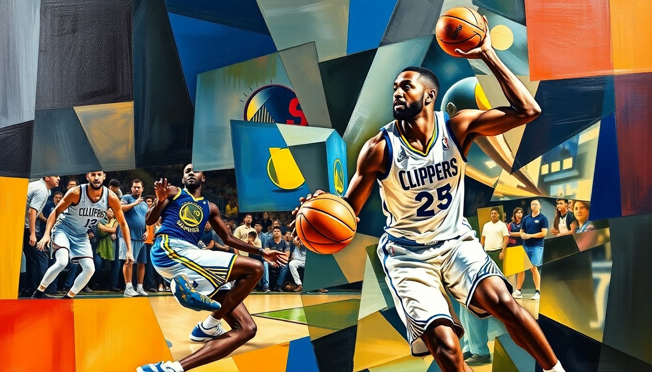 A fractured, cubist-style painting depicting the intense basketball action between the Golden State Warriors and LA Clippers, with Draymond Green and Kawhi Leonard as the central figures, their movements and forms broken down into sharp, overlapping geometric shapes and planes.