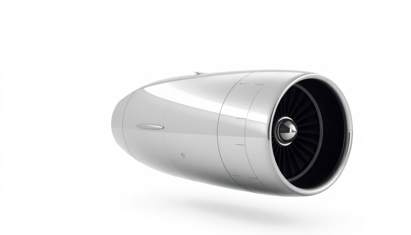 A photorealistic studio still-life photograph featuring a sleek, silver private jet engine component floating on a clean, white background, symbolizing the premium quality and precision engineering of Mach2's private aviation solutions.