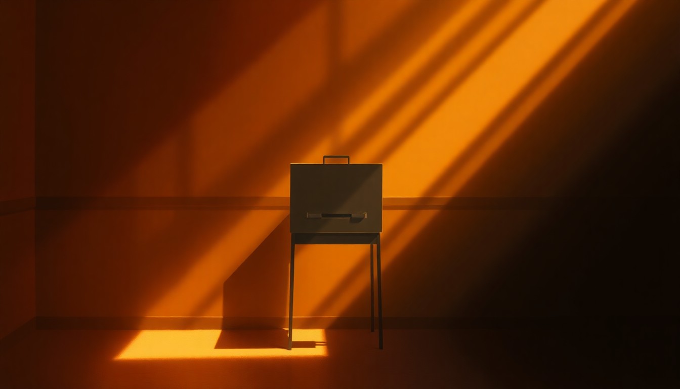 A serene, photorealistic painting depicting a lone voting booth or ballot box in a dimly lit urban setting, with warm sunlight casting dramatic shadows across the scene, conveying a sense of civic duty and the weight of the electoral process.