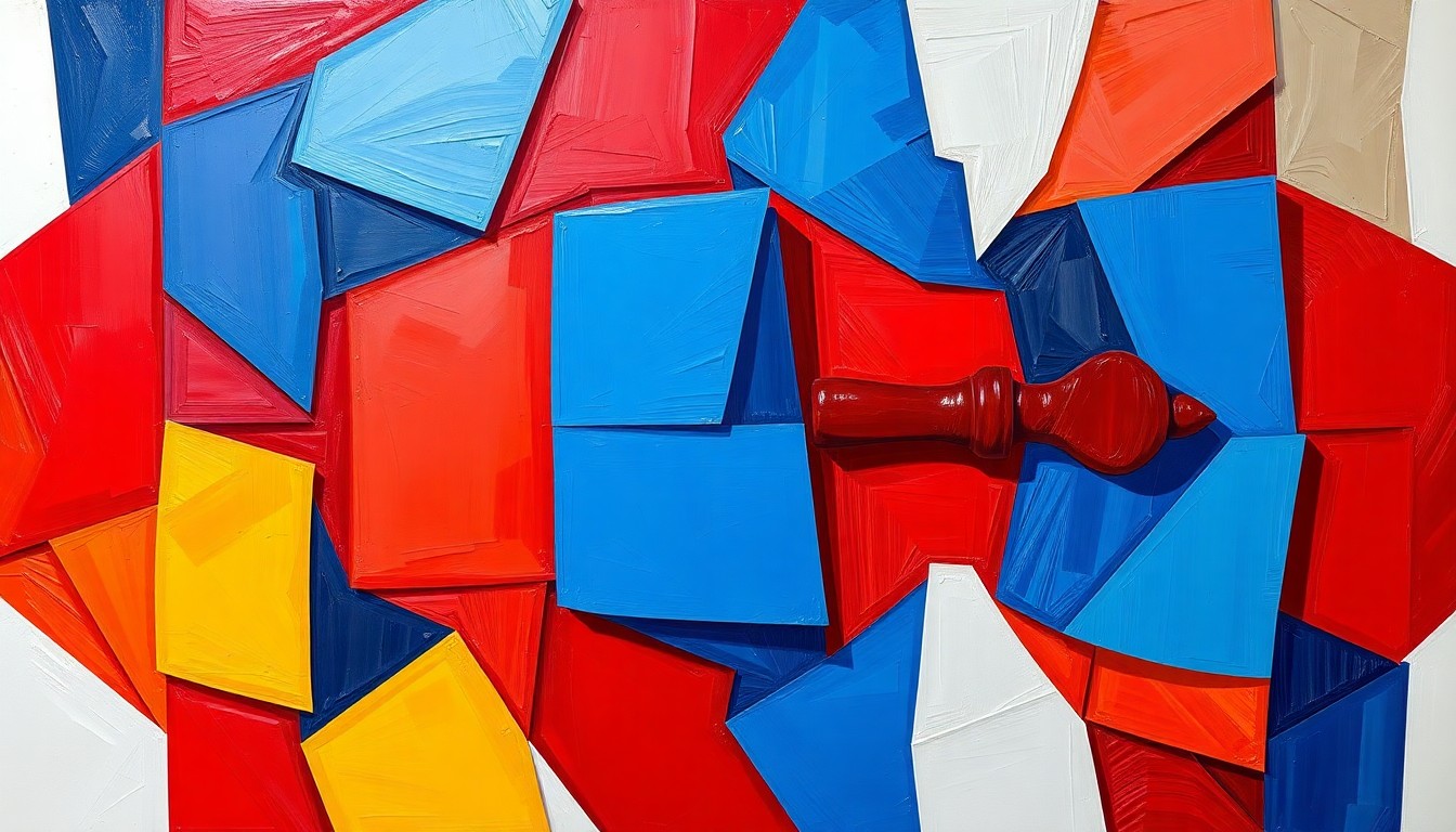 A vibrant, fragmented painting of an abstract political symbol like a gavel or ballot box, with overlapping geometric shapes in bold, clashing colors, conceptually representing the competitive nature of the 2026 Iowa midterm House races.