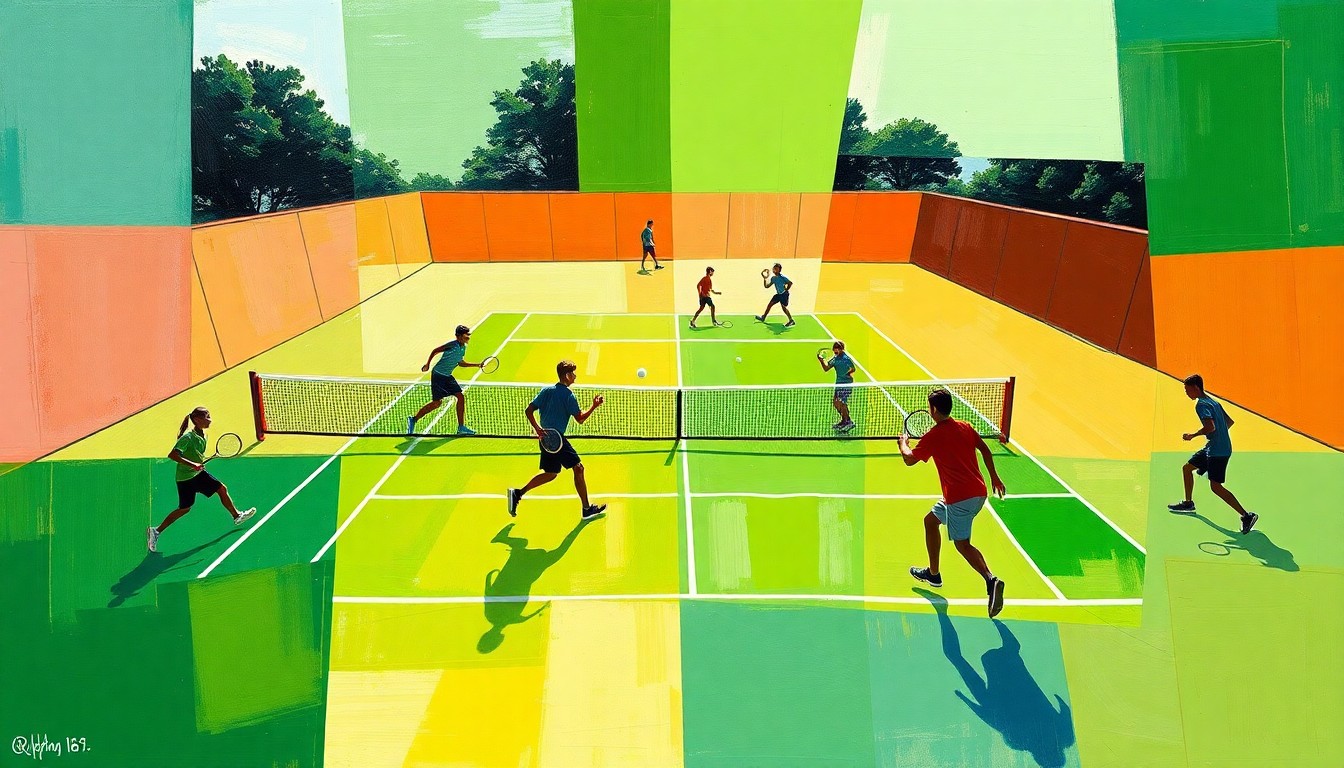 A fractured, multi-perspective painting featuring sharp geometric planes of green tennis court, white tennis balls, and silhouetted players in motion, conceptually representing the progress of a high school sports team despite their winless record.