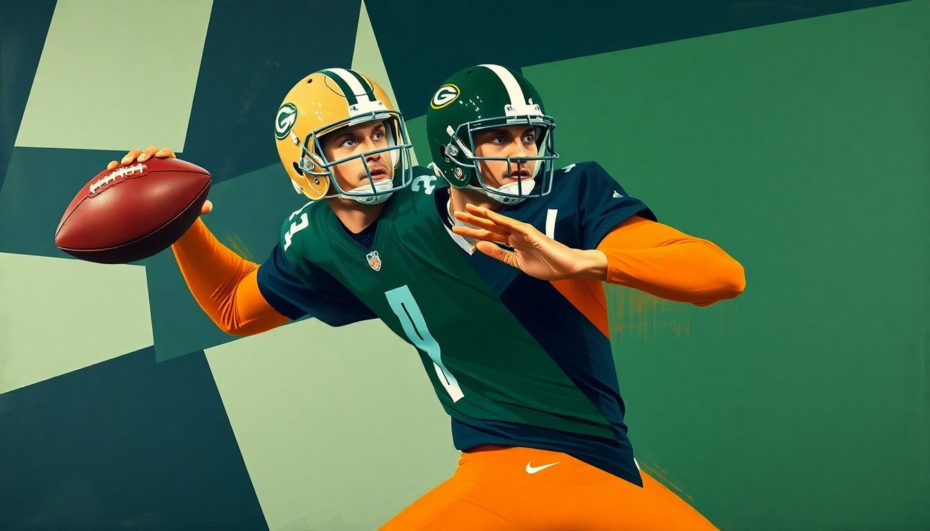 A cubist, geometric painting depicting a football quarterback's throwing motion broken down into overlapping planes of navy, green and orange, conveying the complexities of transitioning from college to the professional game.