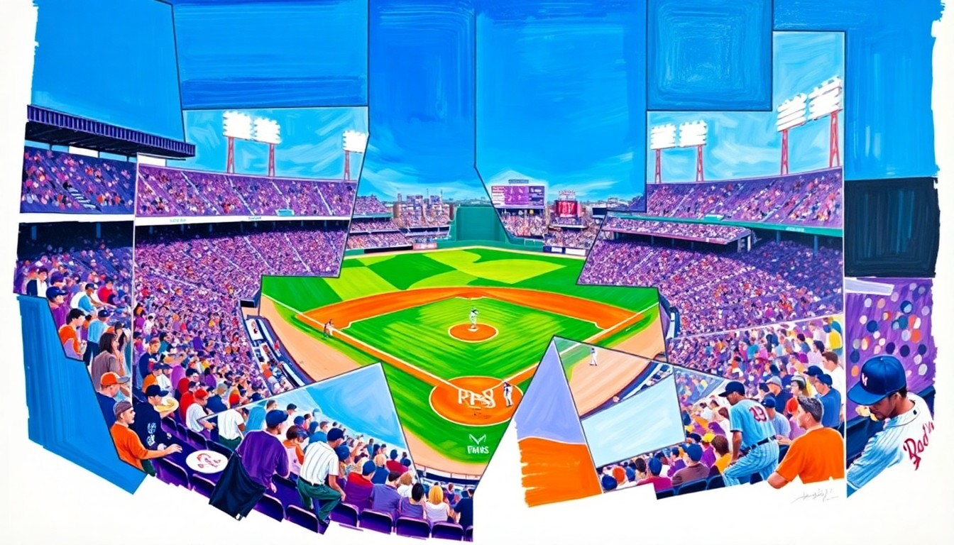 A fractured, cubist-style painting depicting a baseball game between the Dodgers and Rockies, with the players and field broken down into overlapping geometric shapes and planes in a vibrant color palette, conceptually representing the competitive clash between the two teams.