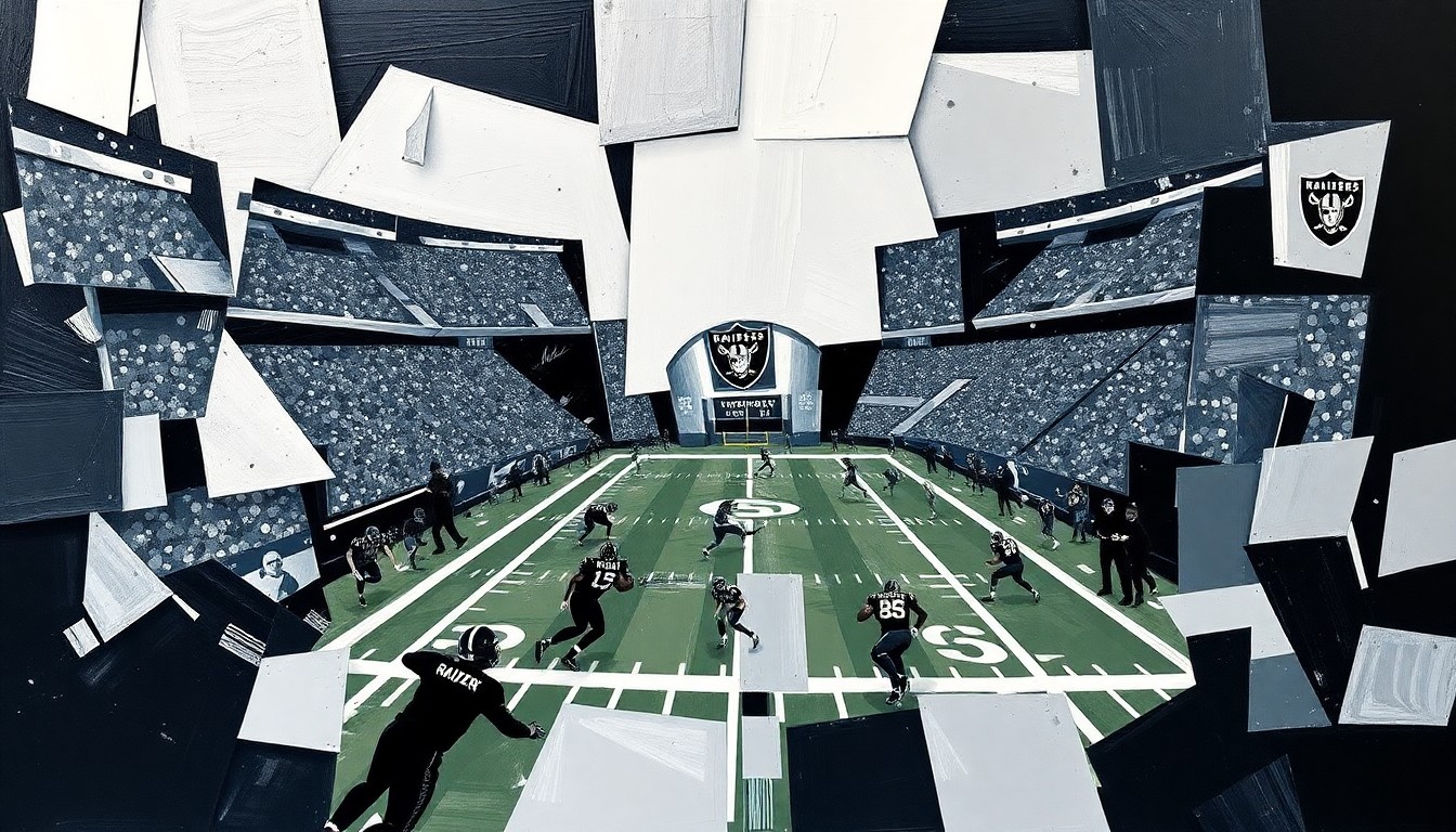 A fragmented, geometric painting in black, silver, and white tones, depicting a football game broken down into sharp, overlapping shapes, representing the complex factors involved in the Raiders' quarterback decision.