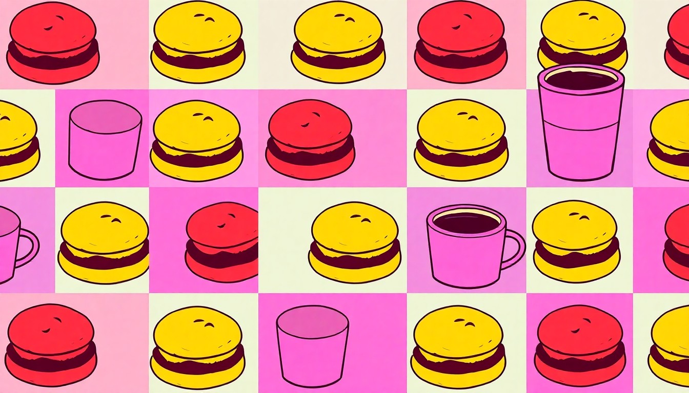 A high-contrast silkscreen print featuring a repeated pattern of a single iconic breakfast item, such as a biscuit or sausage patty, in a bold, neon color palette that captures the energy and creativity of the Hey Y'all food truck.