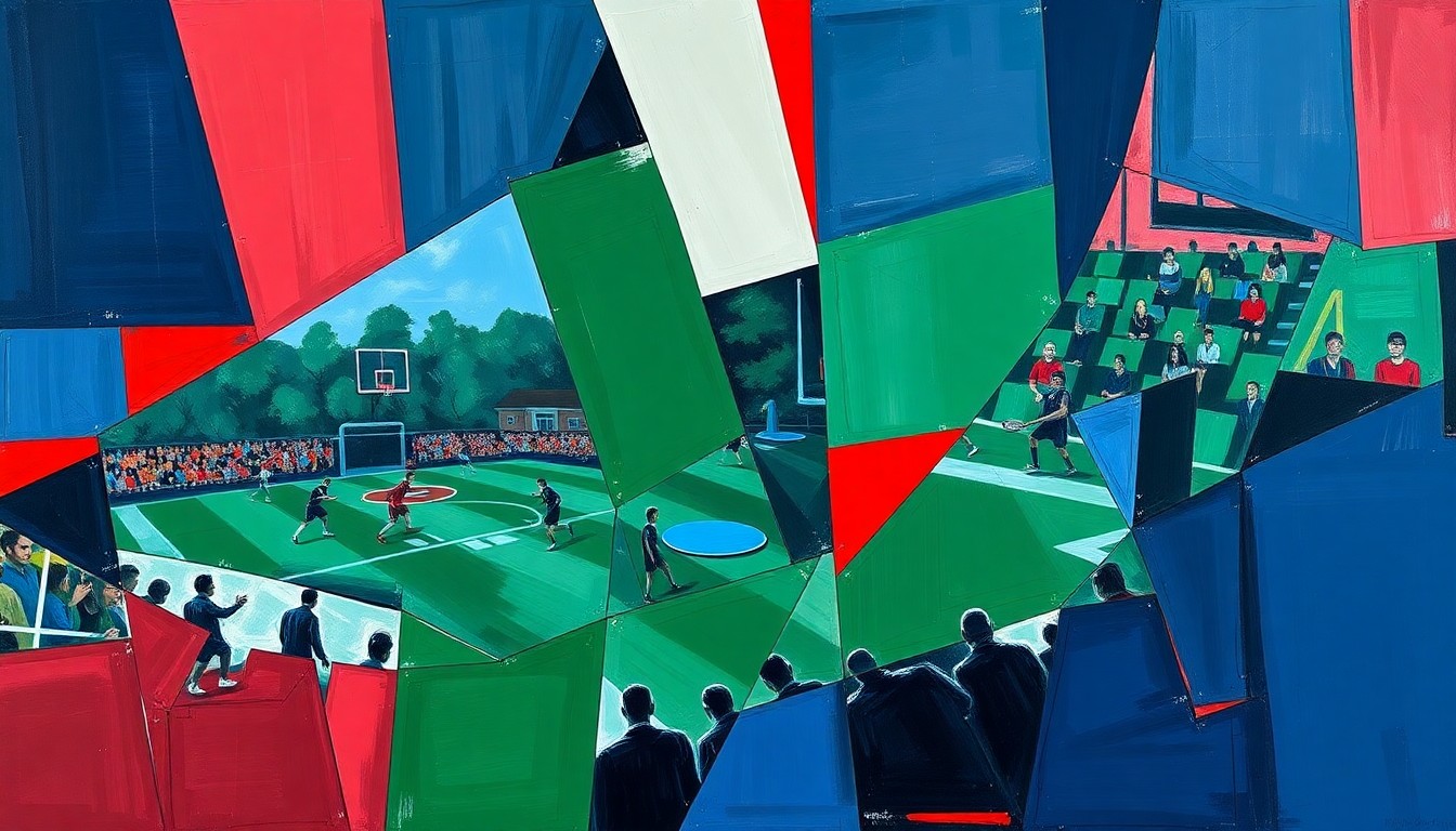 A fractured, cubist-style painting depicting a high school sports competition, with sharp geometric planes in navy, green, and red representing the dynamic energy and multiple perspectives of the event.