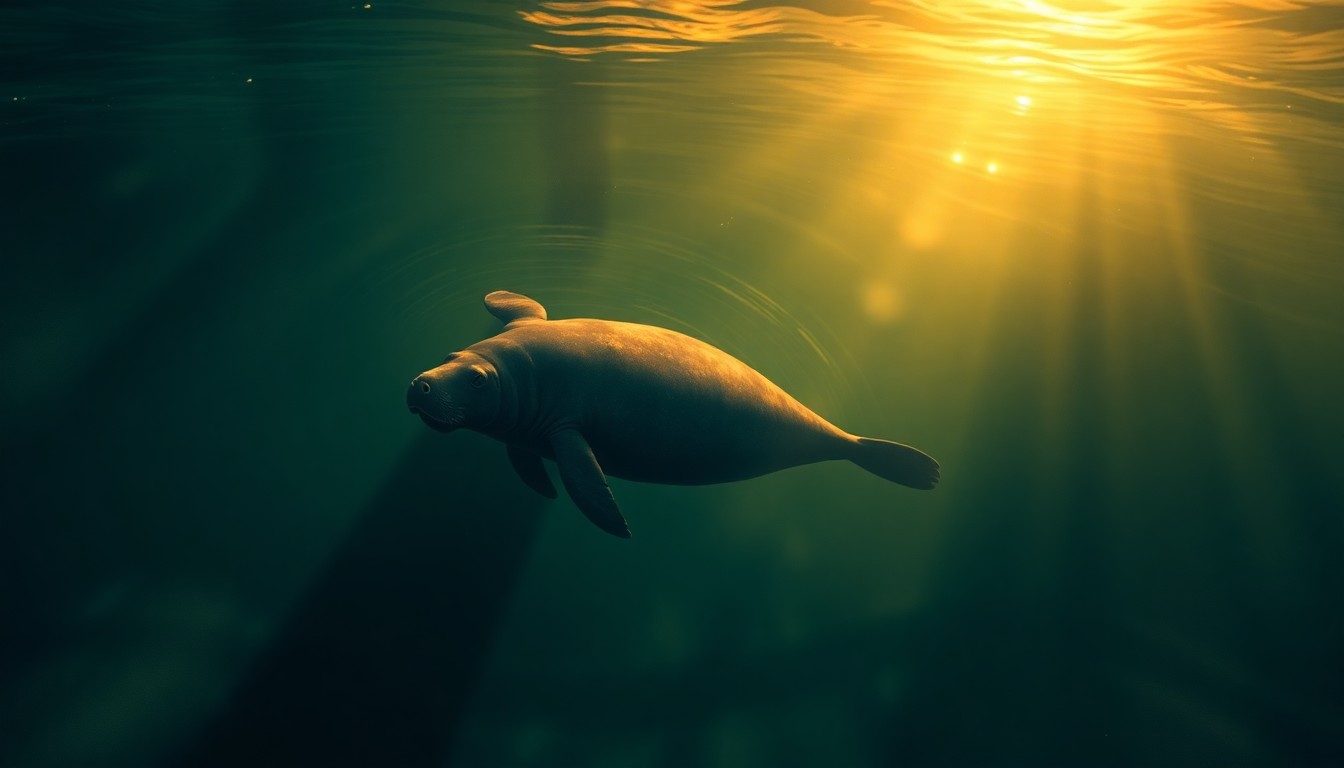 A serene oil painting depicting a manatee swimming in a coastal waterway, with warm sunlight and deep shadows creating a cinematic, nostalgic atmosphere.